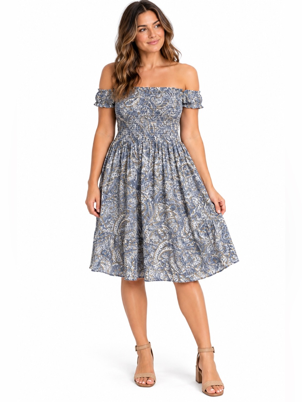 Old Navy Dress Womens XXL Blue Paisley Smocked Off Shoulder Fit Flare Midi Boho